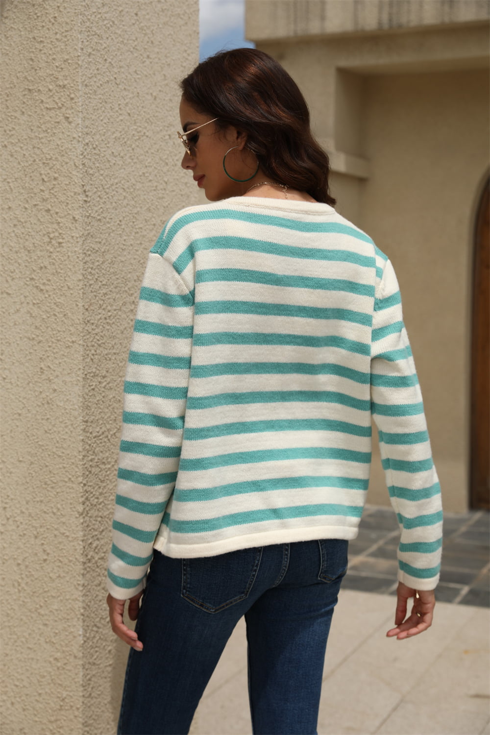 Striped Round Neck Button-Down Dropped Shoulder Cardigan BLUE ZONE PLANET