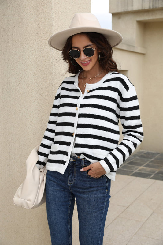Striped Round Neck Button-Down Dropped Shoulder Cardigan BLUE ZONE PLANET
