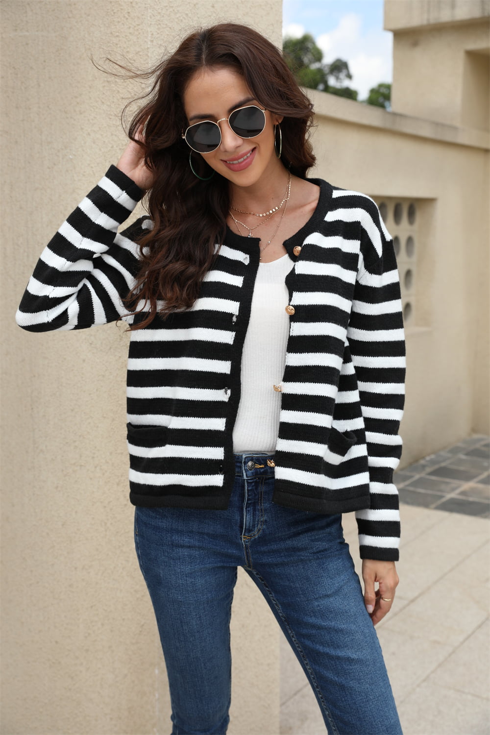 Striped Round Neck Button-Down Dropped Shoulder Cardigan BLUE ZONE PLANET