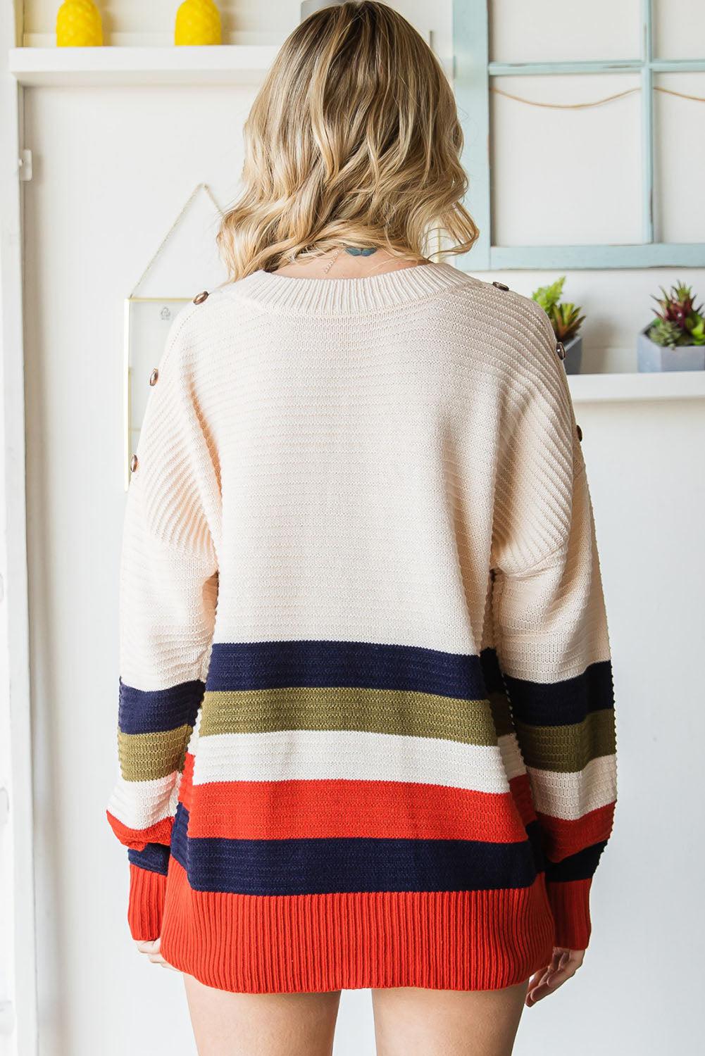 Striped Round Neck Decorative Button Dropped Shoulder Pullover Sweater BLUE ZONE PLANET