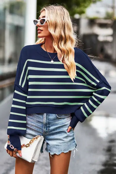 Striped Round Neck Drop Shoulder Slit Sweater BLUE ZONE PLANET