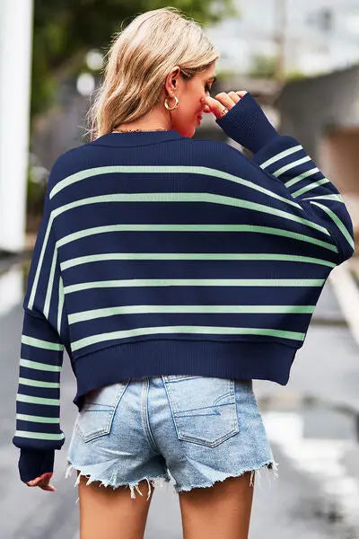 Striped Round Neck Drop Shoulder Slit Sweater BLUE ZONE PLANET