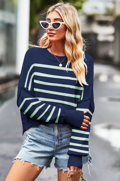 Striped Round Neck Drop Shoulder Slit Sweater BLUE ZONE PLANET