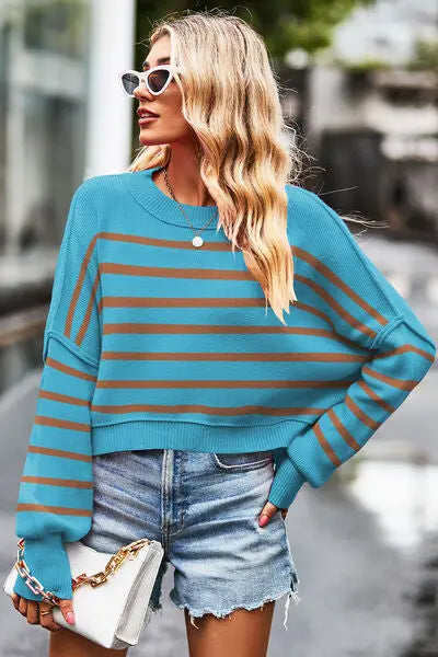 Striped Round Neck Drop Shoulder Slit Sweater BLUE ZONE PLANET