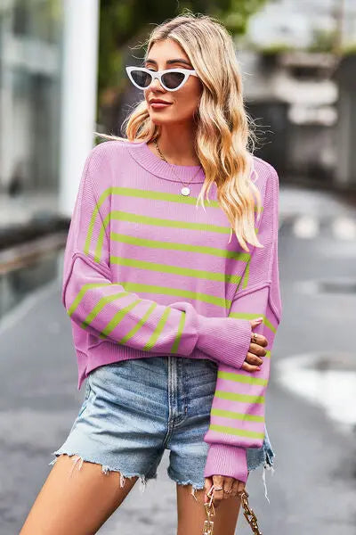 Striped Round Neck Drop Shoulder Slit Sweater BLUE ZONE PLANET