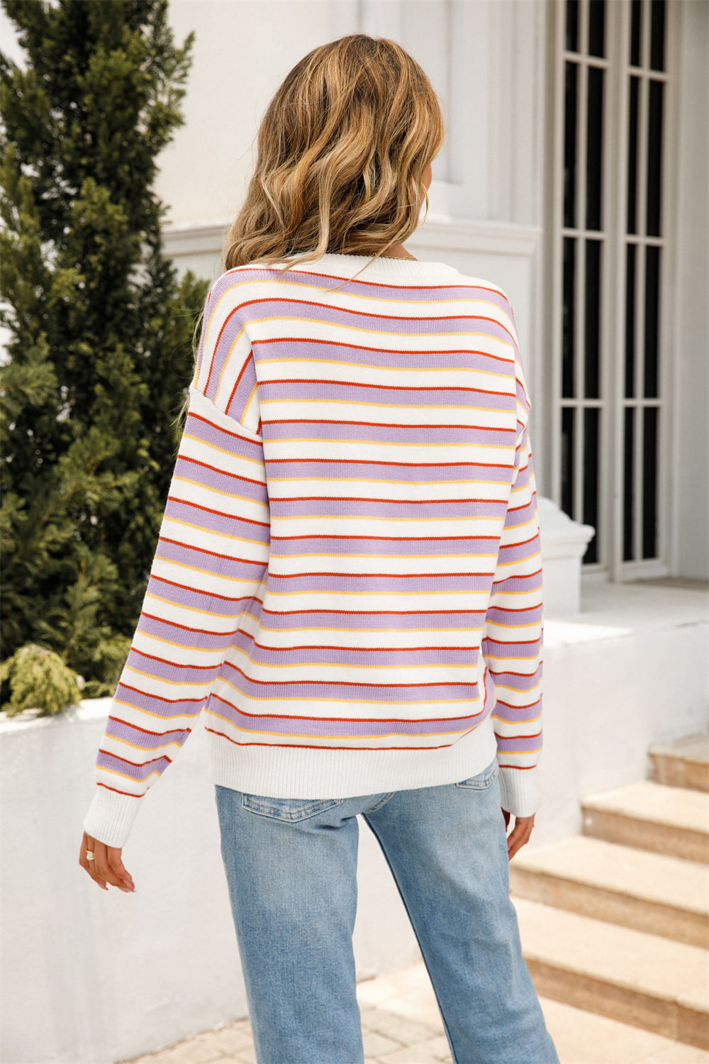 Striped Round Neck Dropped Shoulder Knit Top BLUE ZONE PLANET