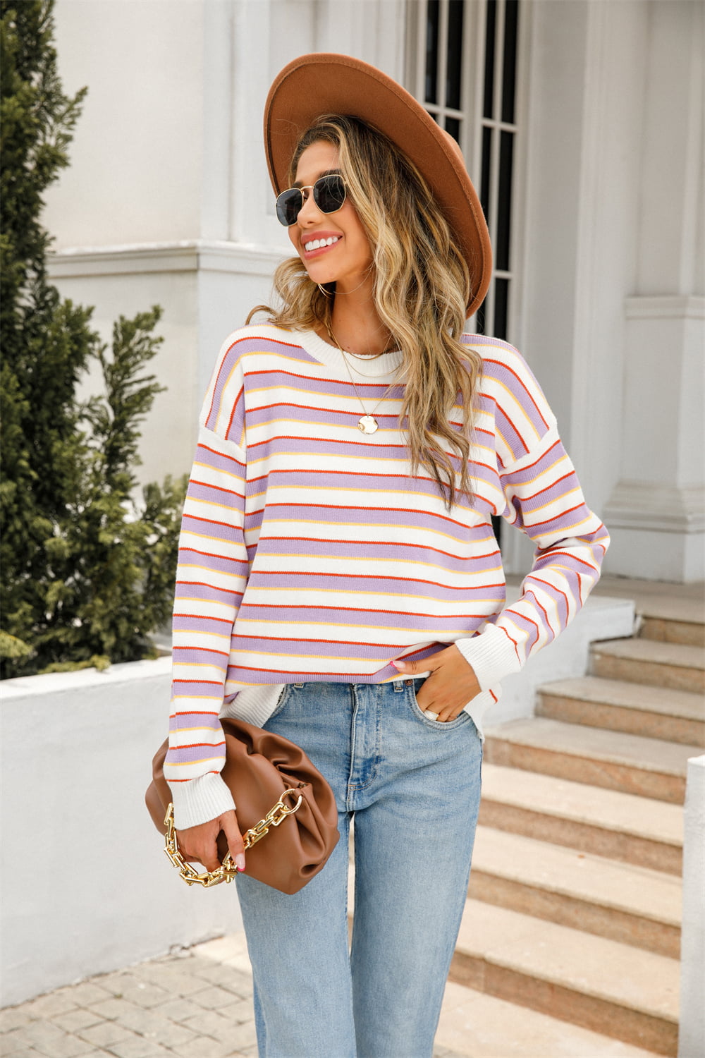 Striped Round Neck Dropped Shoulder Knit Top BLUE ZONE PLANET