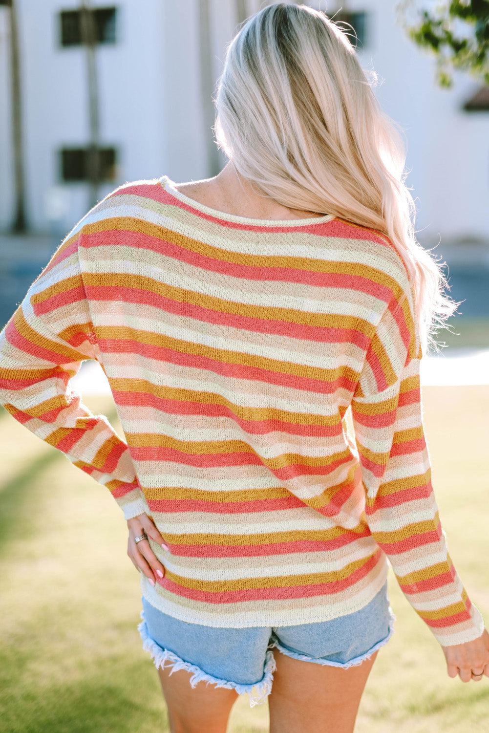 Striped Round Neck Dropped Shoulder Pullover Sweater BLUE ZONE PLANET