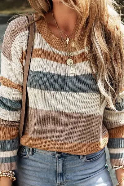 Striped Round Neck Dropped Shoulder Sweater BLUE ZONE PLANET