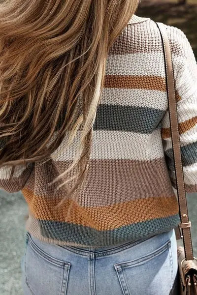 Striped Round Neck Dropped Shoulder Sweater BLUE ZONE PLANET