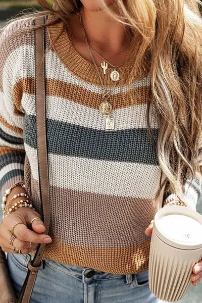 Striped Round Neck Dropped Shoulder Sweater BLUE ZONE PLANET