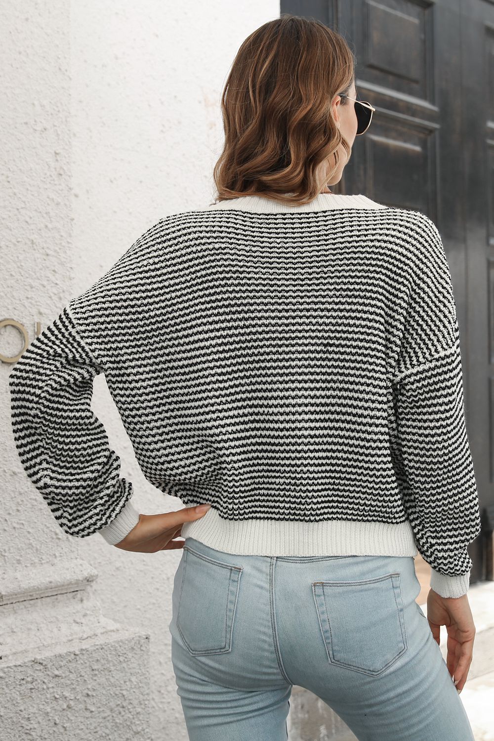 Striped Round Neck Dropped Shoulder Sweater BLUE ZONE PLANET