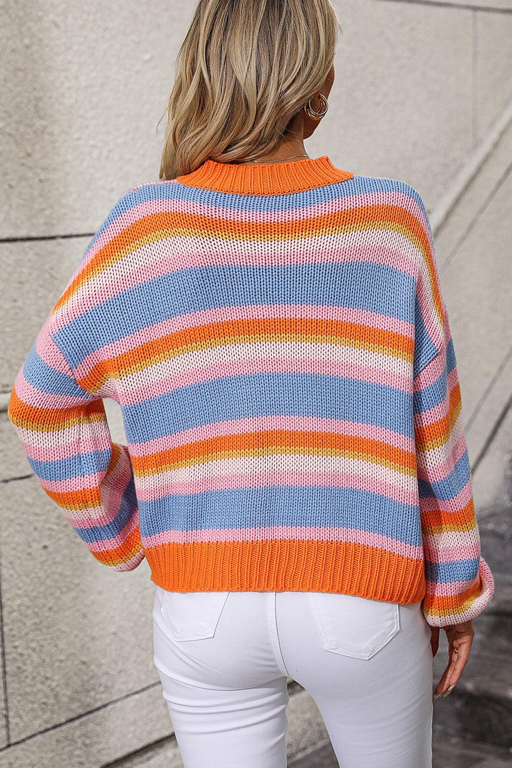 Striped Round Neck Dropped Shoulder Sweater BLUE ZONE PLANET