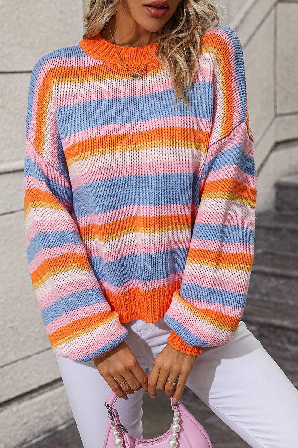 Striped Round Neck Dropped Shoulder Sweater BLUE ZONE PLANET