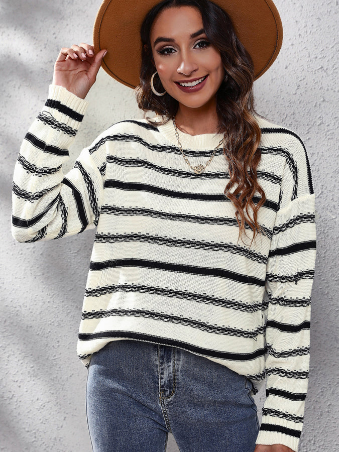 Striped Round Neck Dropped Shoulder Sweater BLUE ZONE PLANET