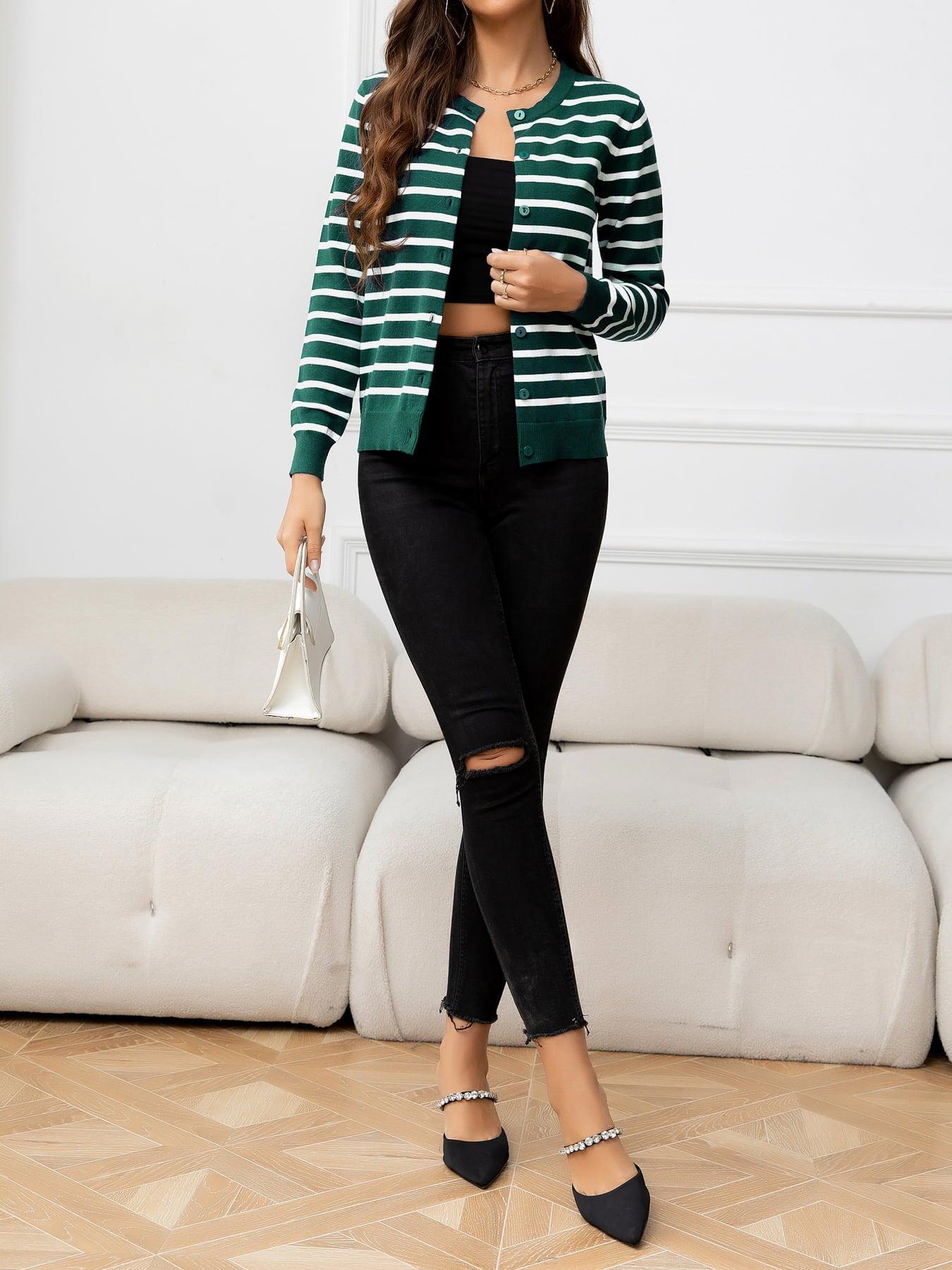 Striped Round Neck Long Sleeve Buttoned Knit Top BLUE ZONE PLANET