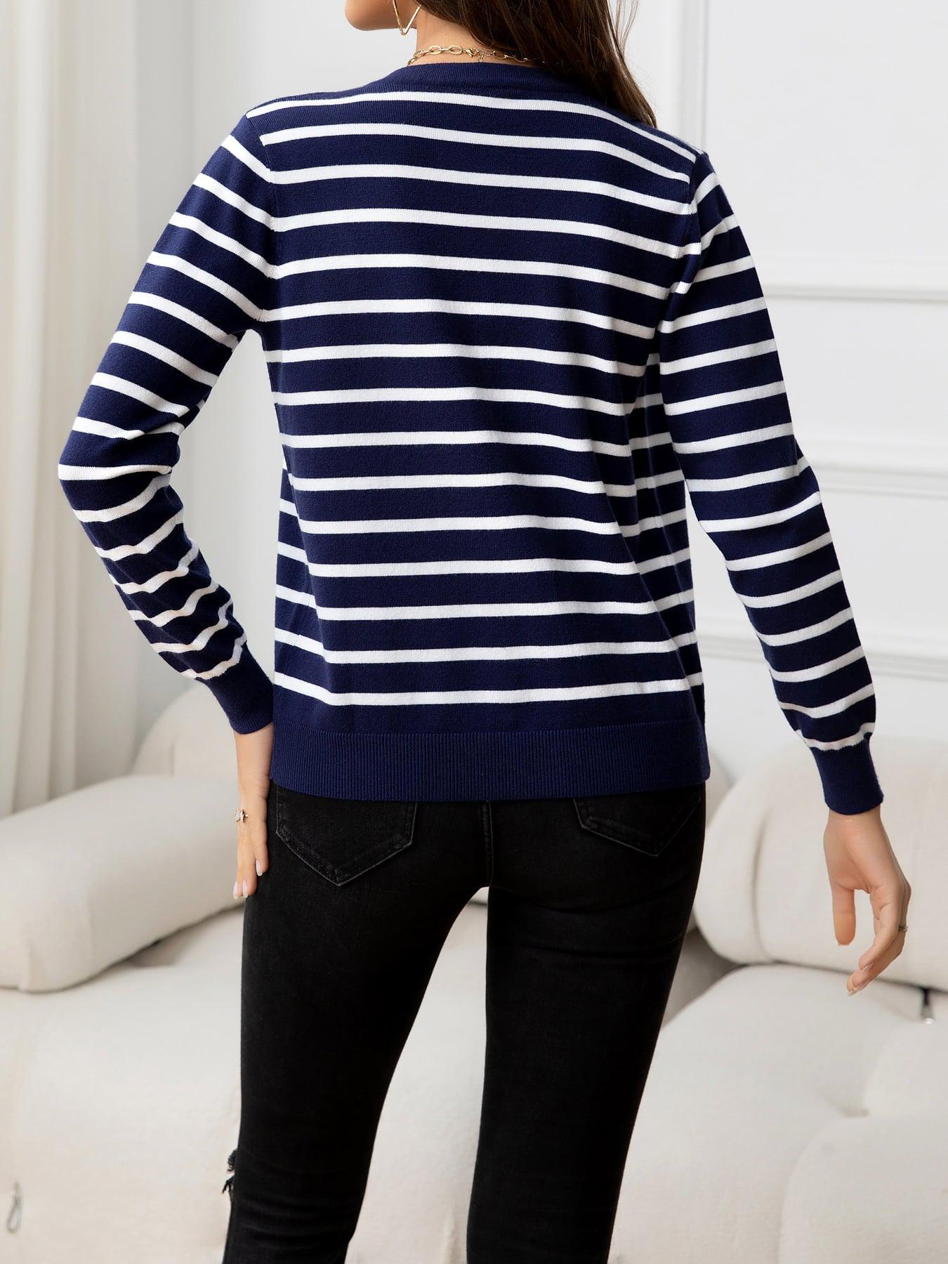 Striped Round Neck Long Sleeve Buttoned Knit Top BLUE ZONE PLANET