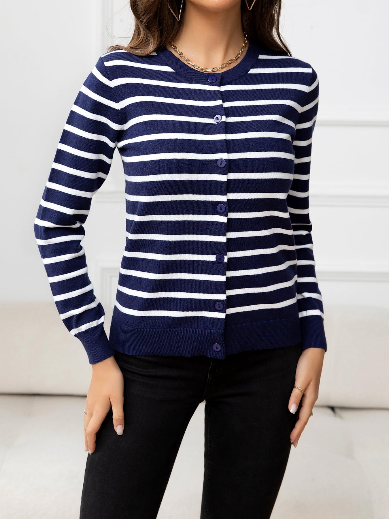 Striped Round Neck Long Sleeve Buttoned Knit Top BLUE ZONE PLANET