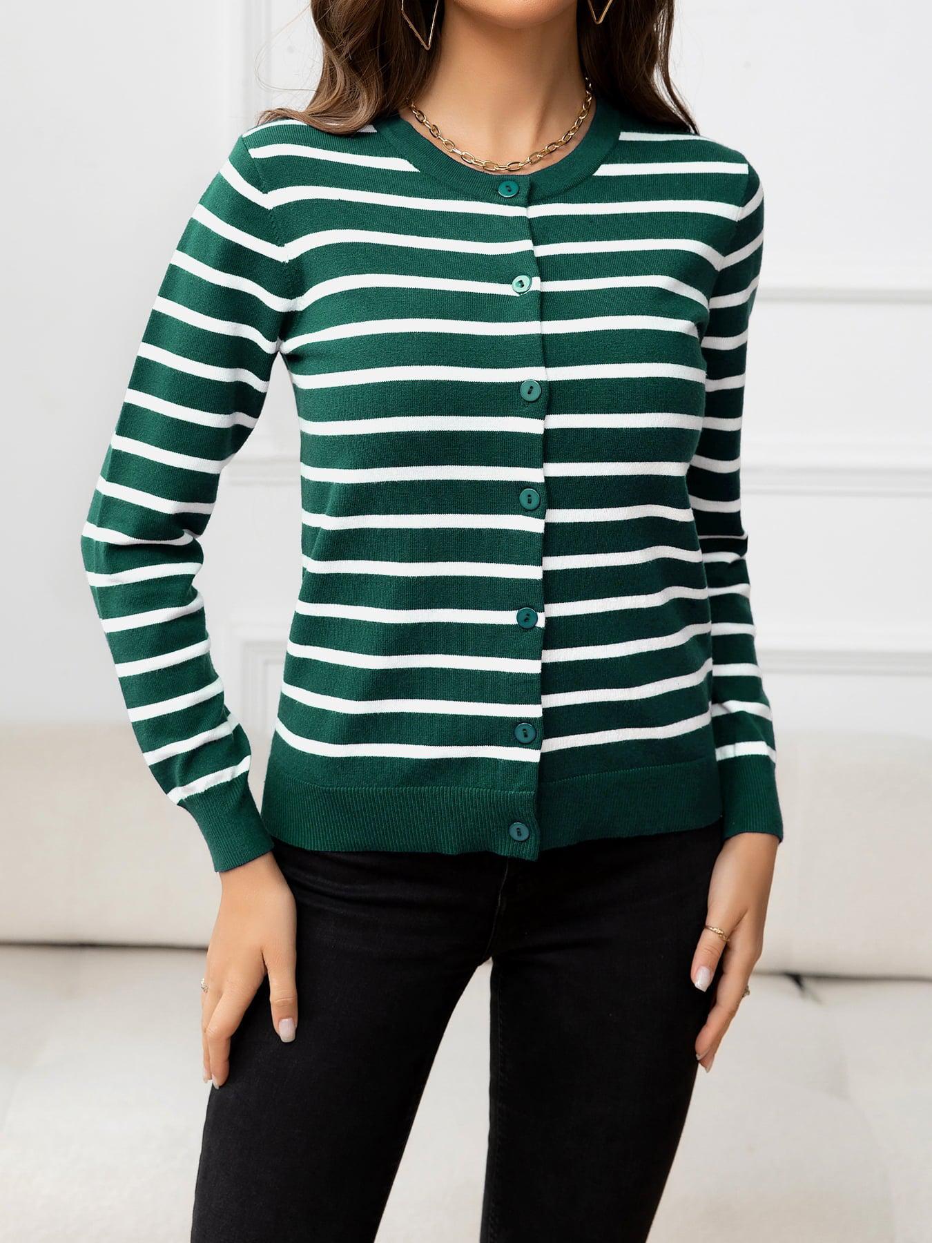 Striped Round Neck Long Sleeve Buttoned Knit Top BLUE ZONE PLANET