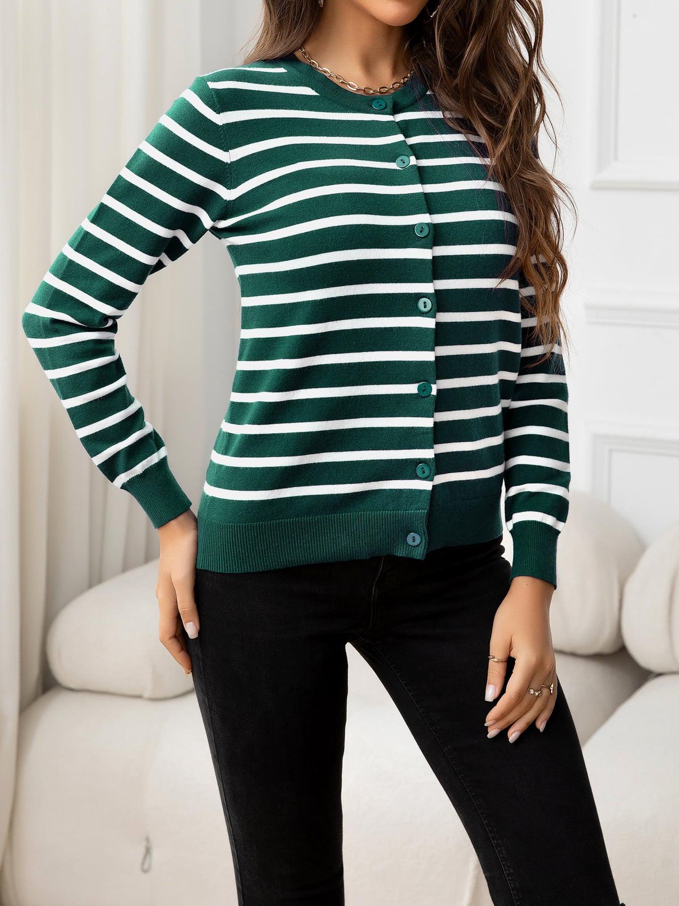 Striped Round Neck Long Sleeve Buttoned Knit Top BLUE ZONE PLANET