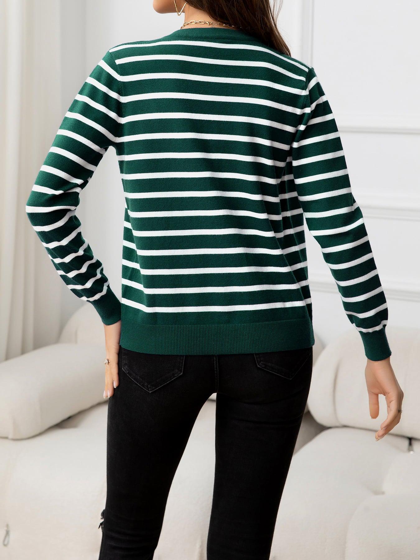 Striped Round Neck Long Sleeve Buttoned Knit Top BLUE ZONE PLANET