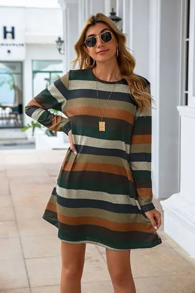 Striped Round Neck Long Sleeve Dress BLUE ZONE PLANET