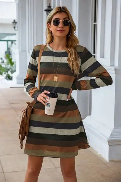 Striped Round Neck Long Sleeve Dress BLUE ZONE PLANET