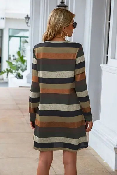 Striped Round Neck Long Sleeve Dress BLUE ZONE PLANET