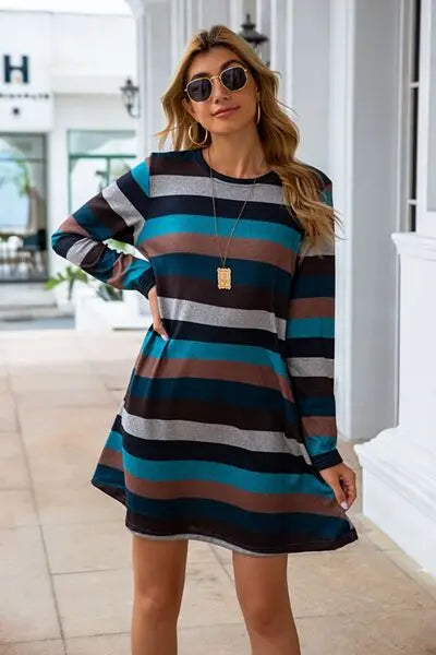 Striped Round Neck Long Sleeve Dress BLUE ZONE PLANET