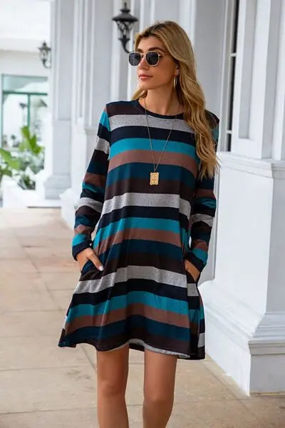 Striped Round Neck Long Sleeve Dress BLUE ZONE PLANET