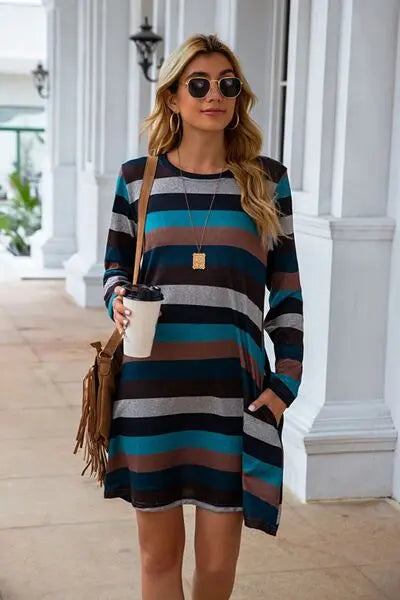 Striped Round Neck Long Sleeve Dress BLUE ZONE PLANET