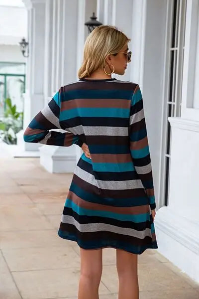 Striped Round Neck Long Sleeve Dress BLUE ZONE PLANET