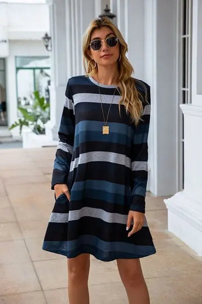 Striped Round Neck Long Sleeve Dress BLUE ZONE PLANET