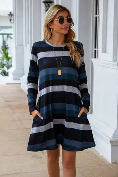 Striped Round Neck Long Sleeve Dress BLUE ZONE PLANET