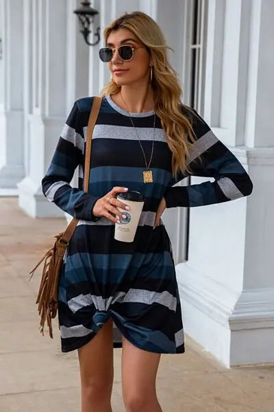 Striped Round Neck Long Sleeve Dress BLUE ZONE PLANET