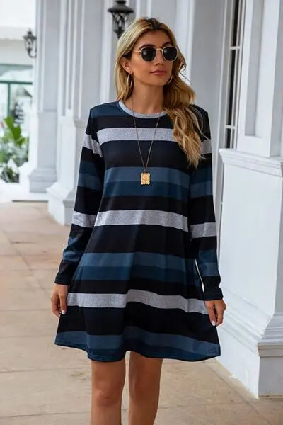 Striped Round Neck Long Sleeve Dress BLUE ZONE PLANET