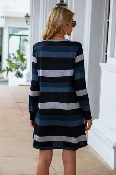 Striped Round Neck Long Sleeve Dress BLUE ZONE PLANET