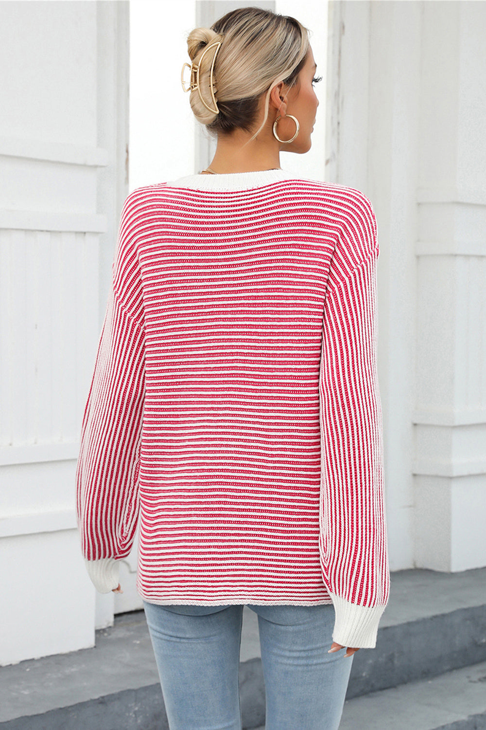 Striped Round Neck Long Sleeve Knit Top BLUE ZONE PLANET