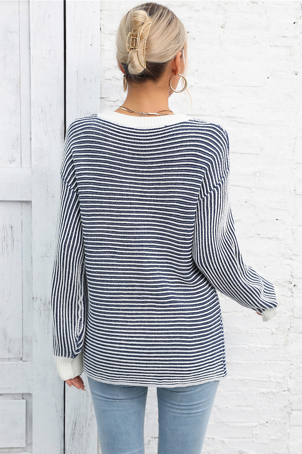 Striped Round Neck Long Sleeve Knit Top BLUE ZONE PLANET