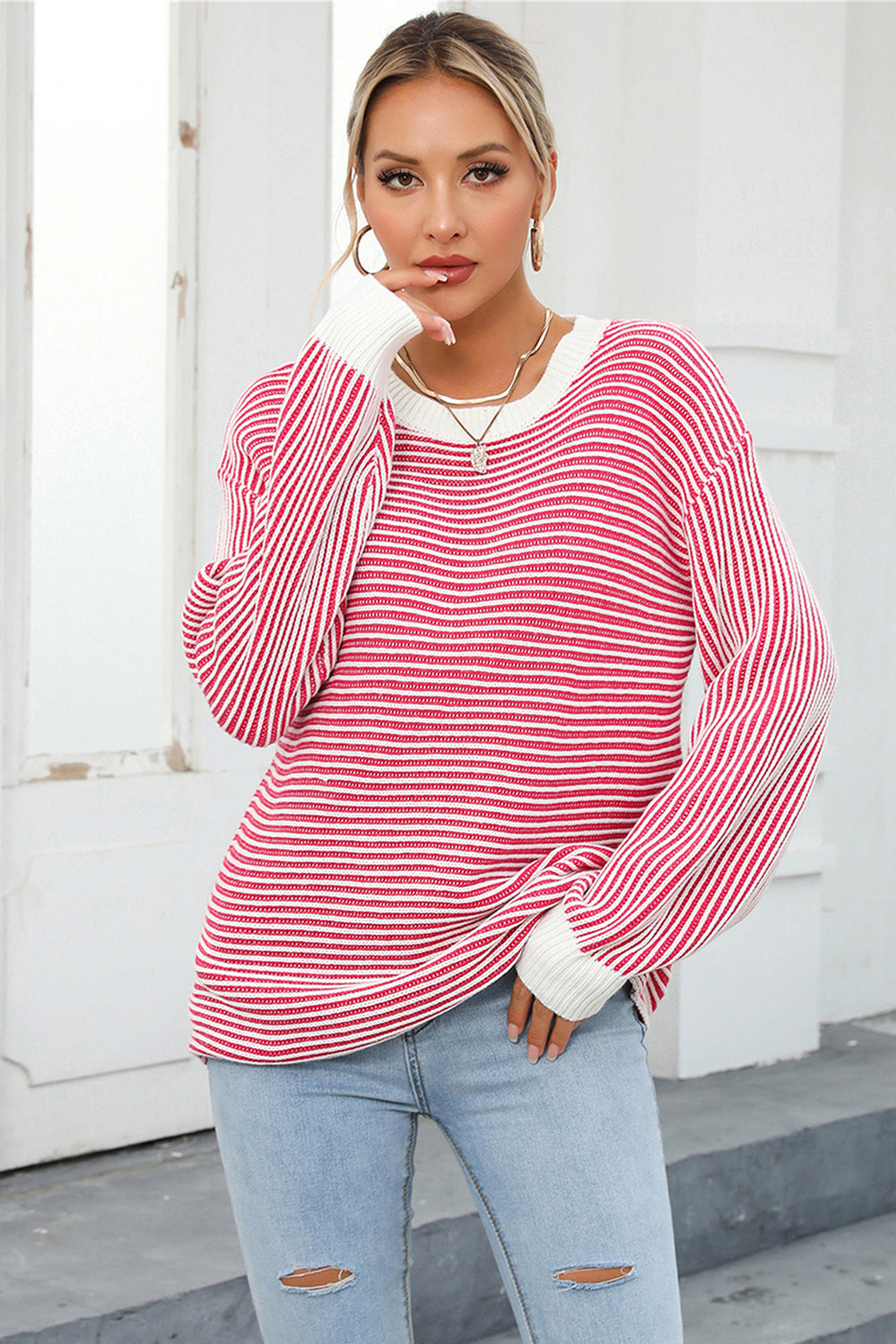 Striped Round Neck Long Sleeve Knit Top BLUE ZONE PLANET