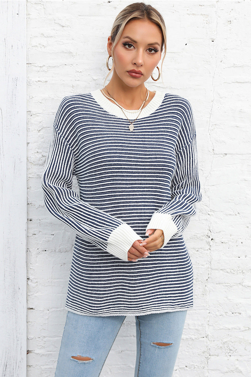 Striped Round Neck Long Sleeve Knit Top BLUE ZONE PLANET