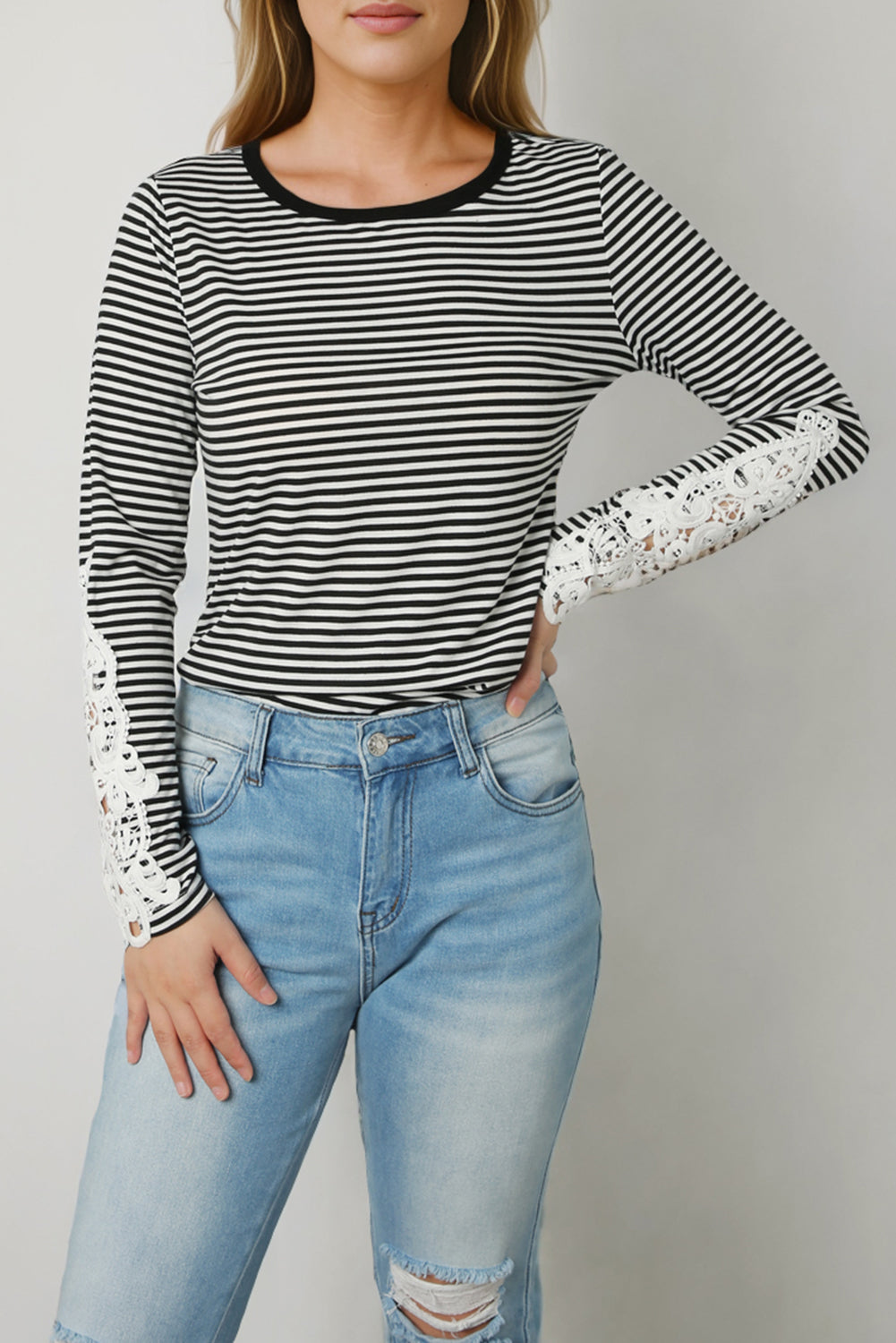 Striped Round Neck Long Sleeve Lace Trim T-Shirt BLUE ZONE PLANET