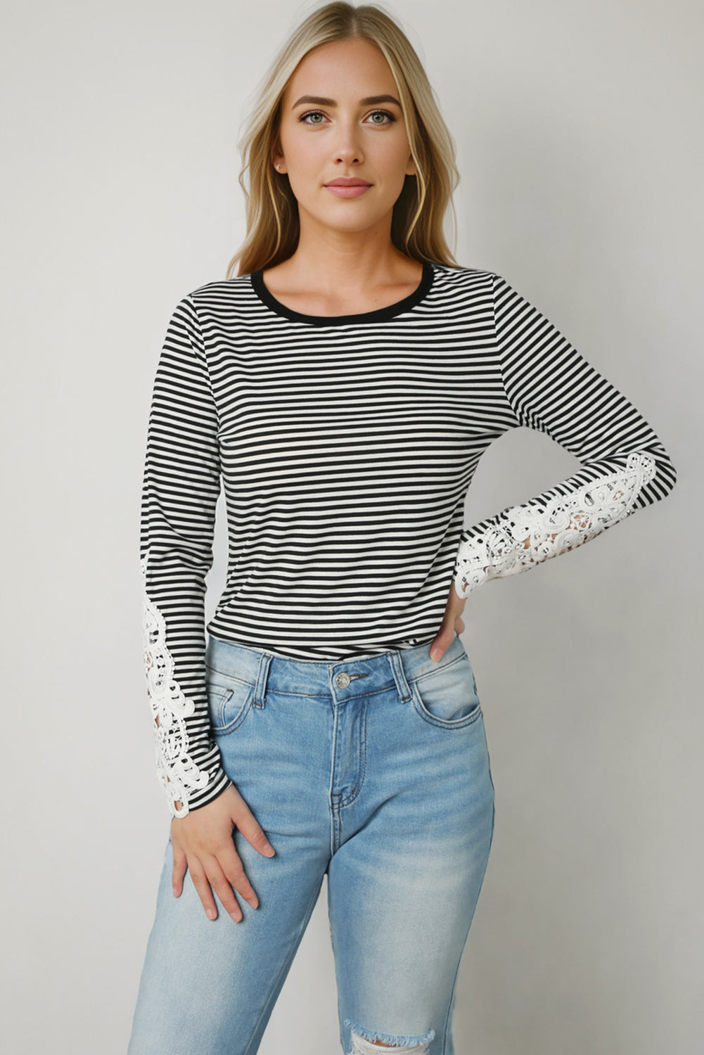 Striped Round Neck Long Sleeve Lace Trim T-Shirt BLUE ZONE PLANET