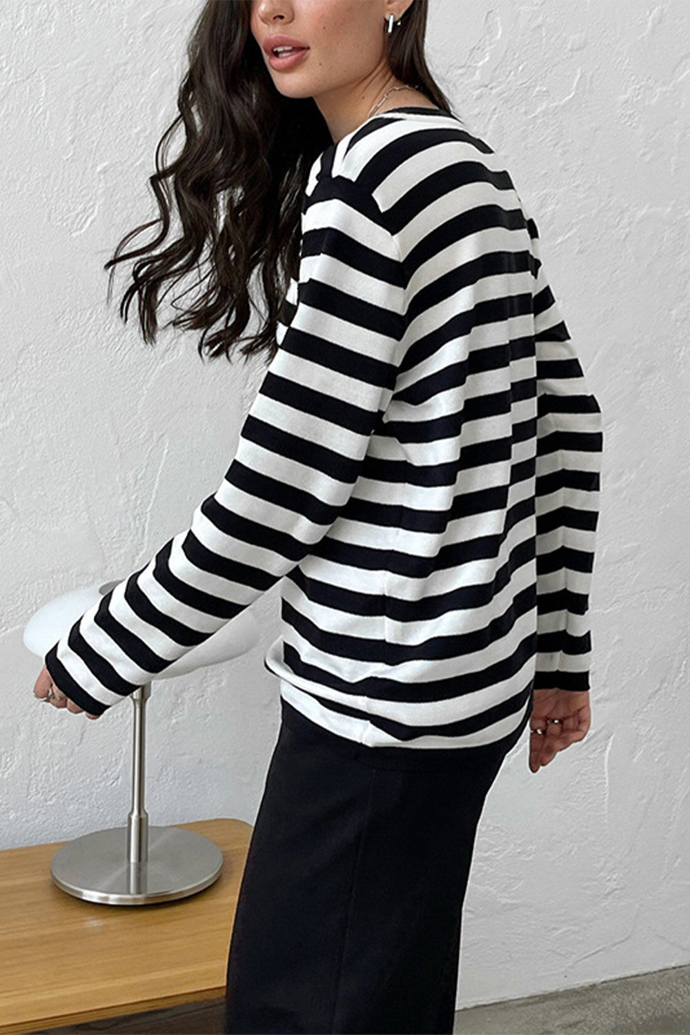 Striped Round Neck Long Sleeve Sweater BLUE ZONE PLANET