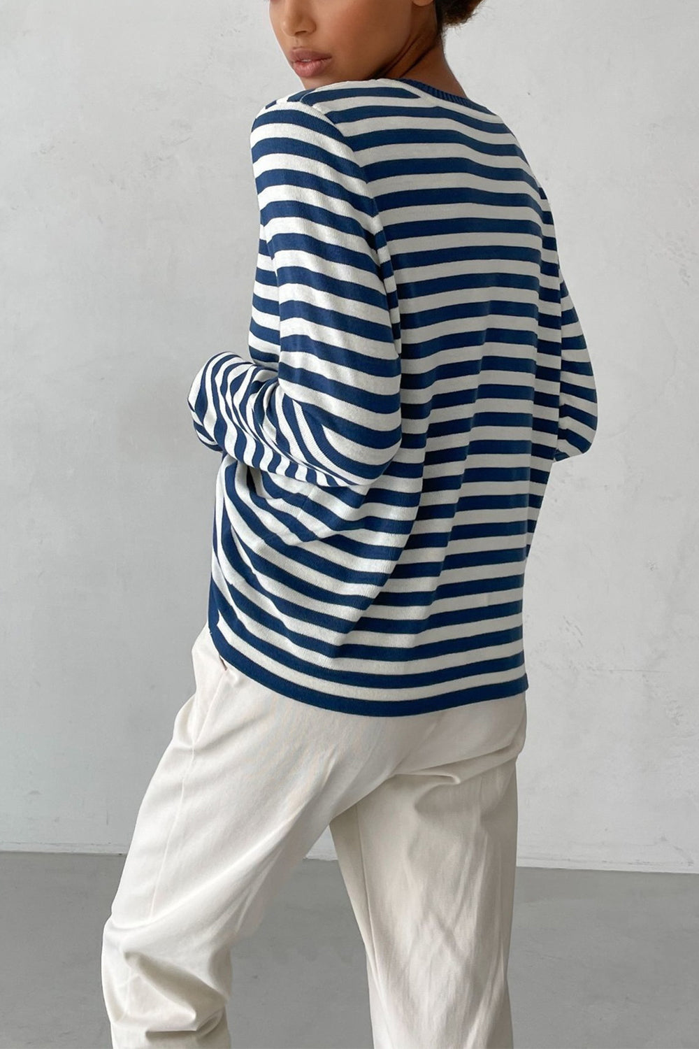 Striped Round Neck Long Sleeve Sweater BLUE ZONE PLANET