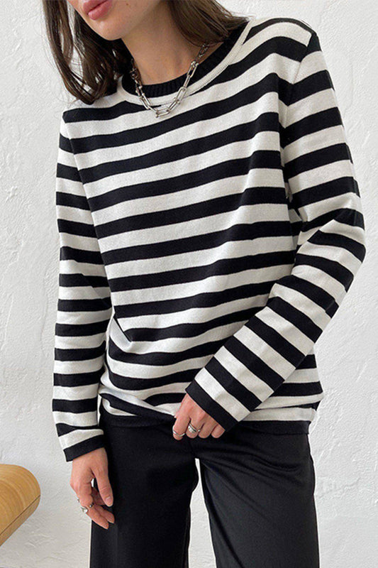 Striped Round Neck Long Sleeve Sweater BLUE ZONE PLANET