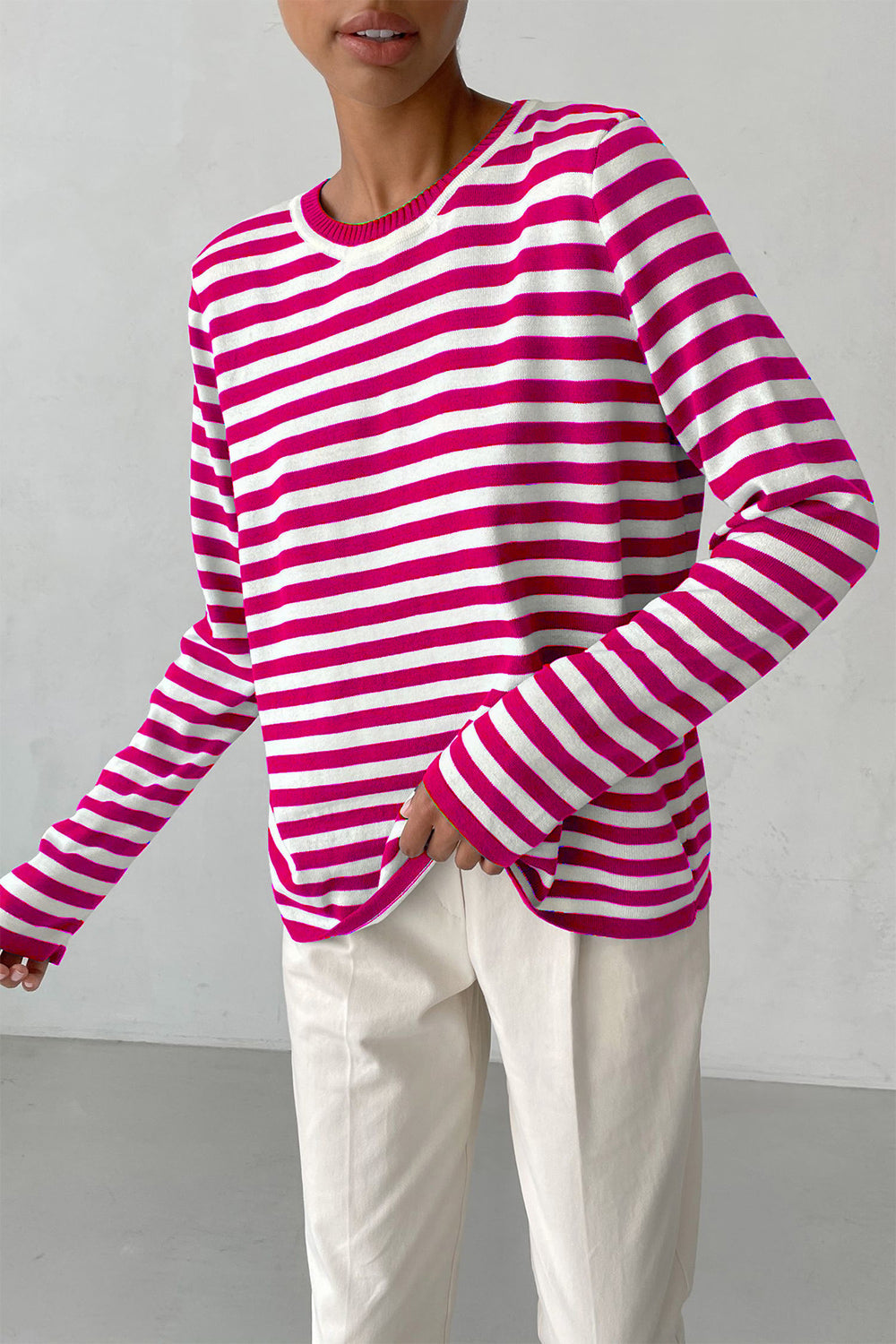 Striped Round Neck Long Sleeve Sweater BLUE ZONE PLANET