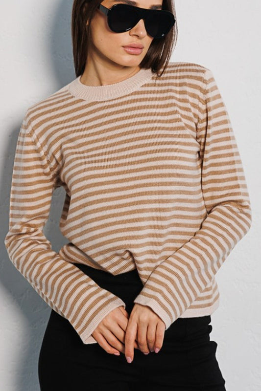 Striped Round Neck Long Sleeve Sweater BLUE ZONE PLANET