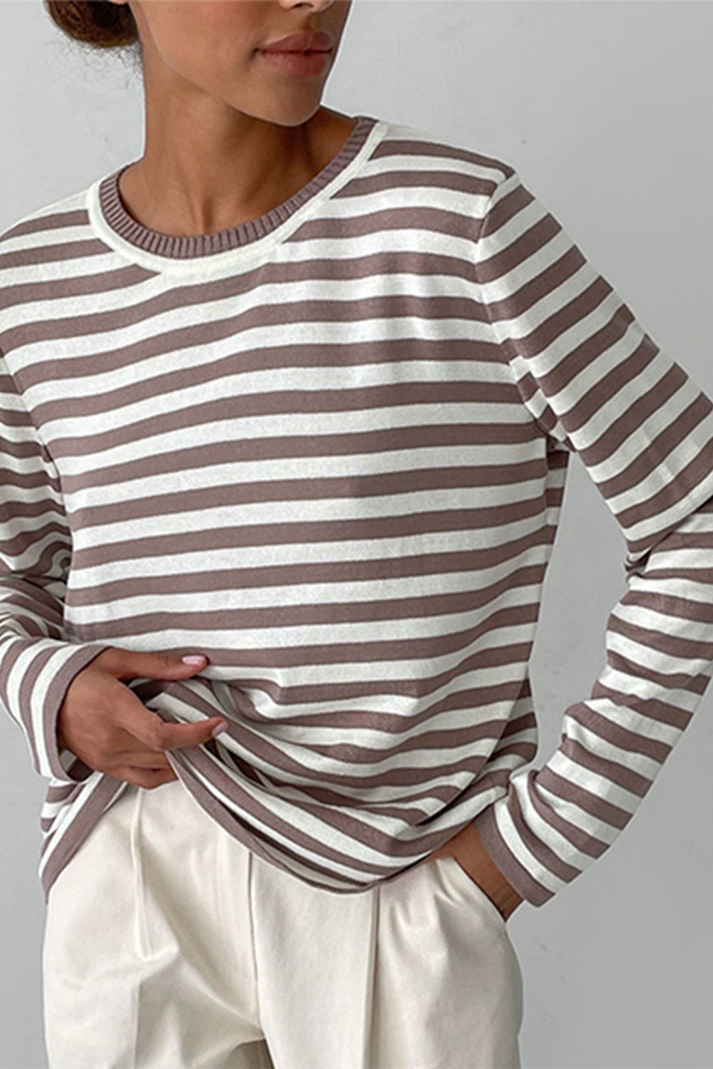 Striped Round Neck Long Sleeve Sweater BLUE ZONE PLANET