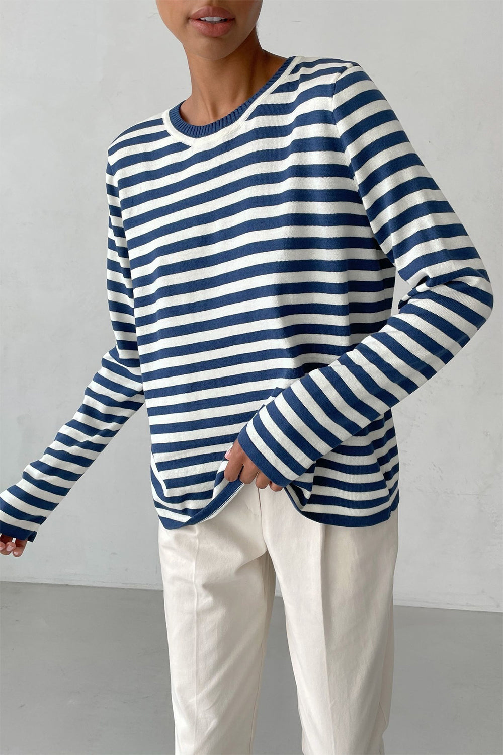 Striped Round Neck Long Sleeve Sweater BLUE ZONE PLANET